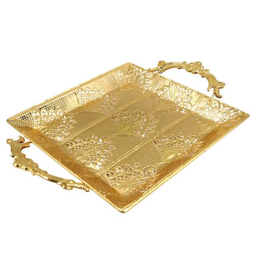 Luxury Gold-Plated Metal Serving Tray with Ornate Handles | Elegant Decorative Square Tray for Home & Events – 602