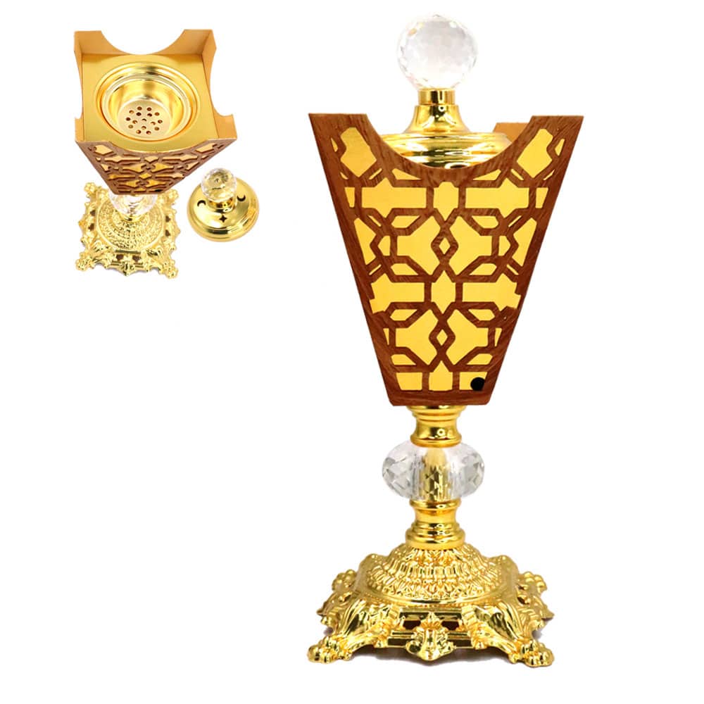 Metal Oud Incense Burner Bakhoor Holder Gold with Crystal Top Cover- F012