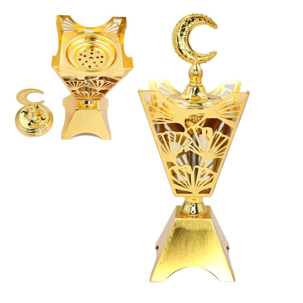 Metal Oud Incense Burner Gold Ramadan Design with Top Moon Cover- T105