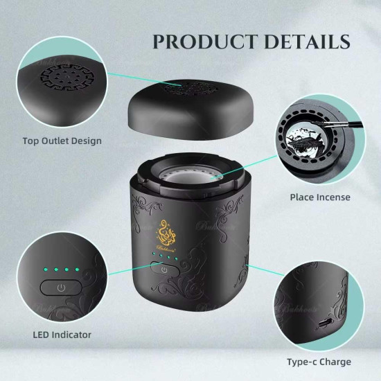 Portable USB Smart Incense Burner, Rechargeable Arabic Oud Burner, Electronic Bukhoor Diffuser with LED Battery Indicator, Compact Aroma Diffuser for Home, Office, Car